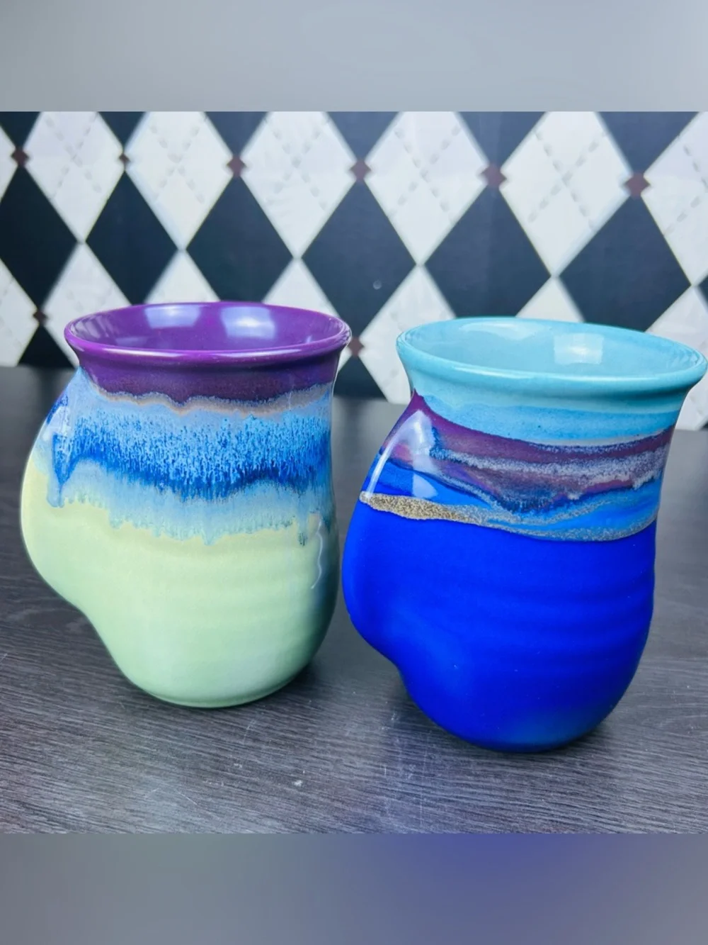 Hand Warmer Mugs Signed Neher Pair Drip Glaze‎ Studio Pottery